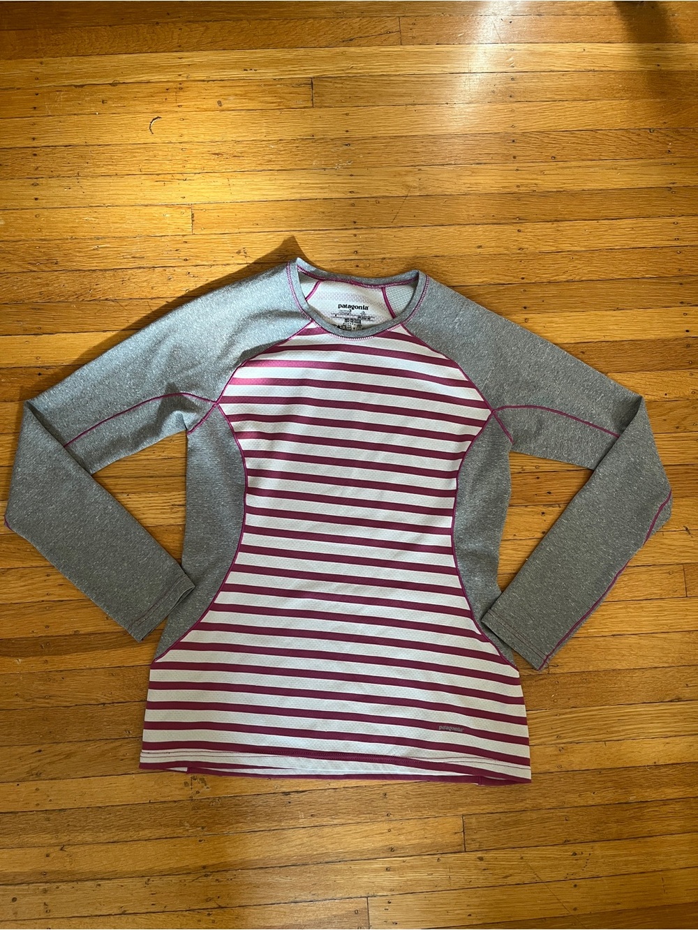 Patagonia Striped Capilene Performance Long Sleeve Top - Gray & Magenta